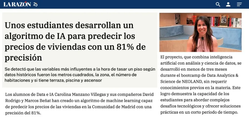 Reportaje en la Razon sobre el proyecto de éxito de alumnos de Data Analytics de NEOLAND